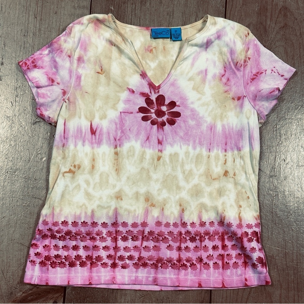 Tee Co. Whimsical Flower Rainbow Tie Dyed Short Sleeve Tee, Nice thick Cotton L